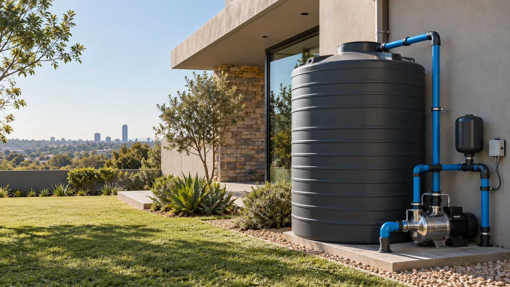 Illustrative view of a water tank and pressure pump installation